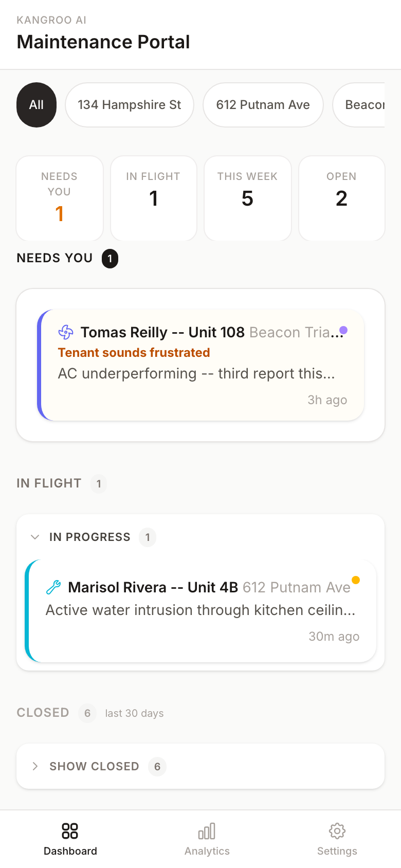 KangRoo manager dashboard: ticket lanes and AI dispatch status