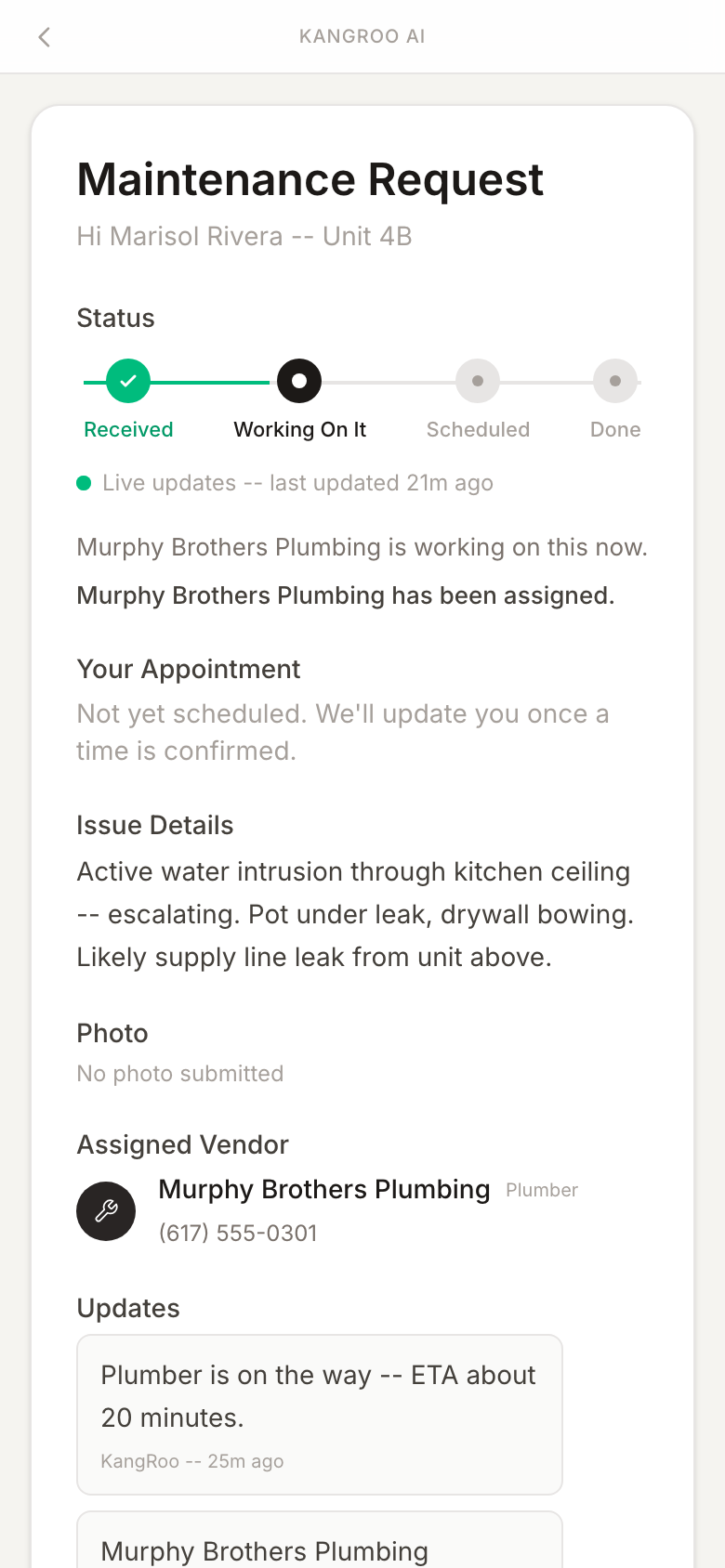 KangRoo tenant status view: request received, vendor assigned, live updates