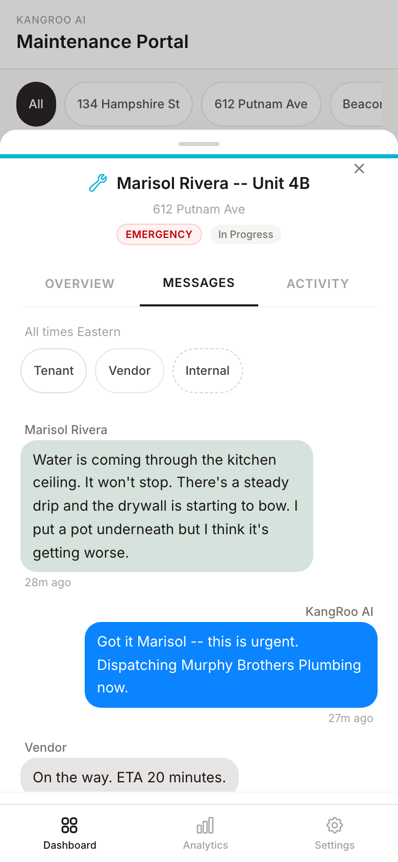KangRoo ticket detail: AI reasoning trail and vendor dispatch log